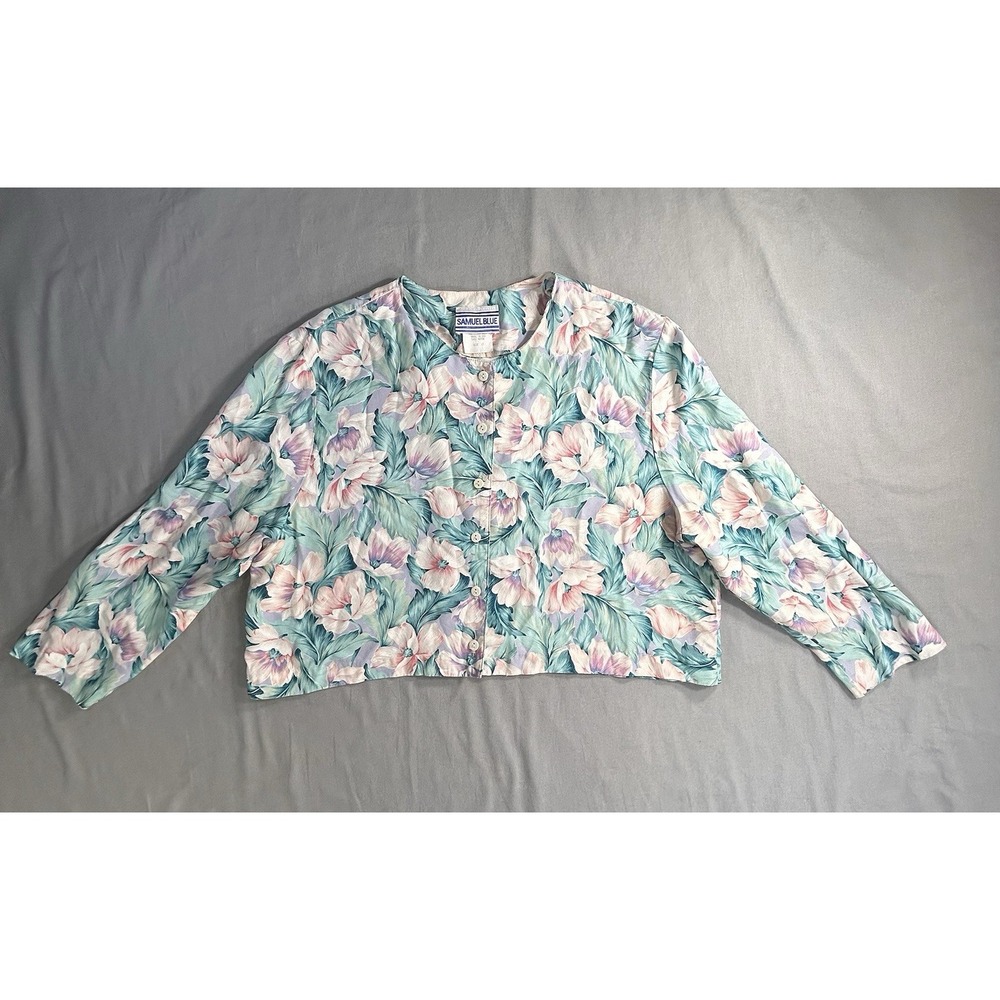 Vintage Samuel Blue Floral Half Shirt 3/4 Sleeve‎ Womens Size 12